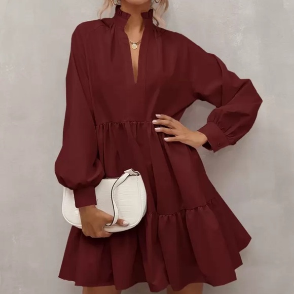Neck Smock Burgundy Long Sleeve Dress - Picture 2 of 7